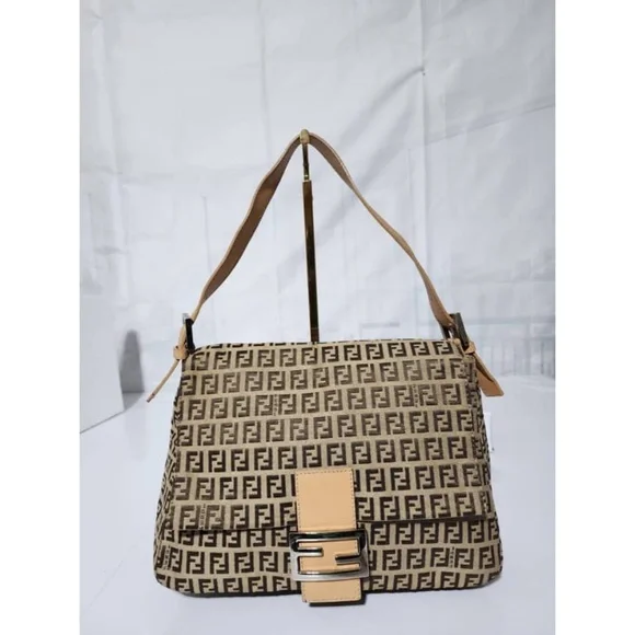Authentic Fendi Zucchino Canvas Mamma Forever Shoulder Bag Brown/Beige